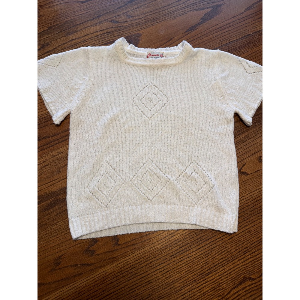 Vintage Penrose Women White Short Sleeve Diamond Pointelle Knit Sweater Large